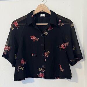 Wilfred drapey matte satin crop button down with sheer sleeves